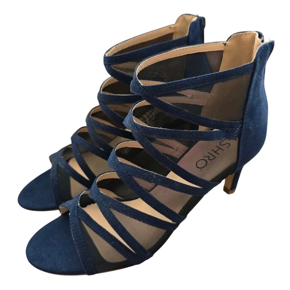 Trendy Navy Blue Pasha Sandal Strappy Mesh Kitten Heels By Ashro Size 8.5M